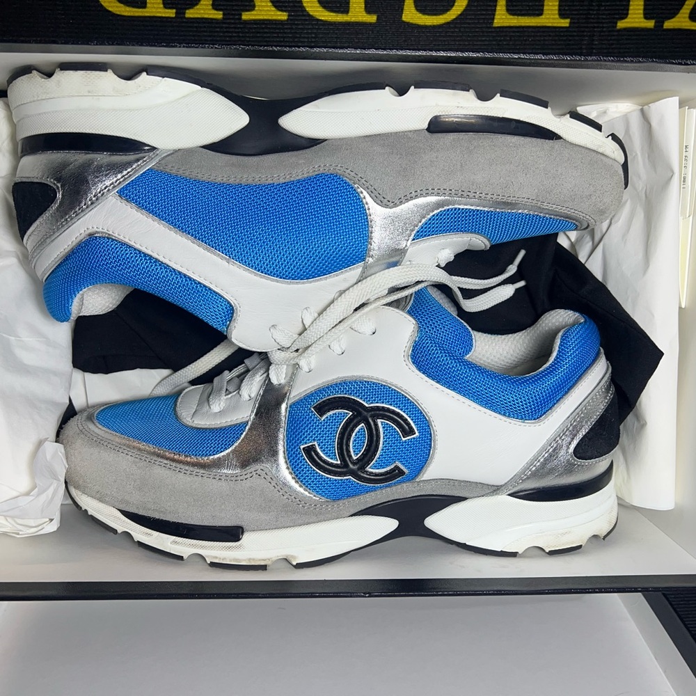 CHANEL Sneakers  Blue and White Athletic Shoes with Silver Detail